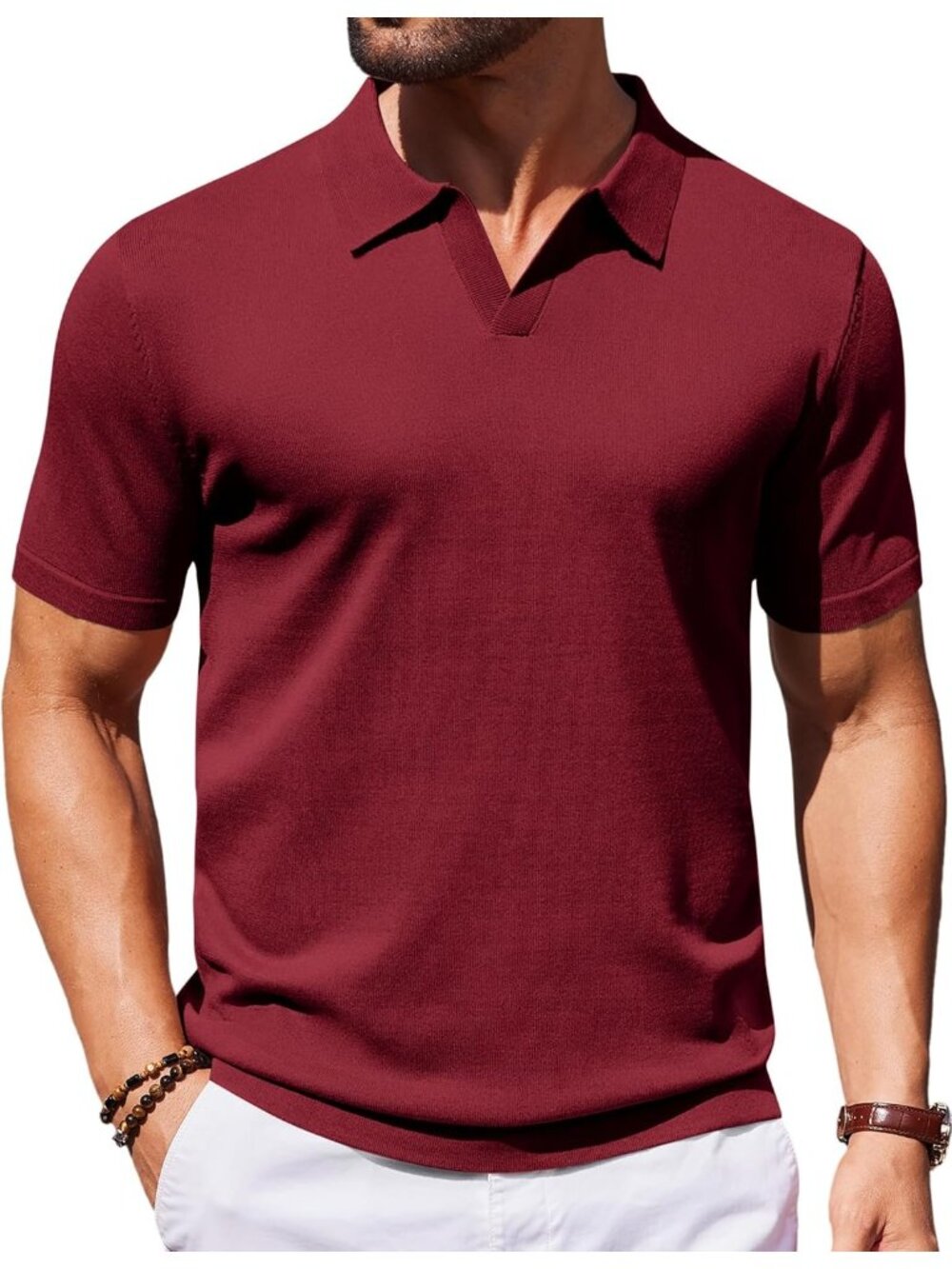 Men's Wine Red 100% Polyester V Neck Short Sleeve Stretch Knit Polo Shirt